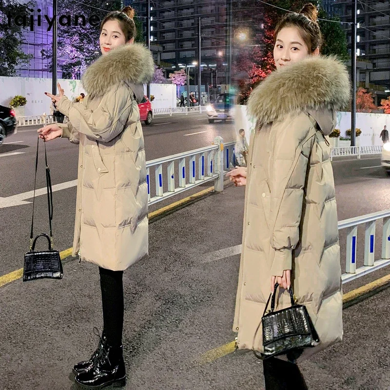 Женский пуховик средней длины Tajiyane на 90% белом утином пуху с капюшоном пальто в