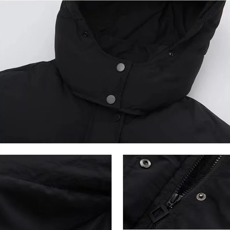 2022 Winter Knee Length Parkas for Women Korean Drama Girl Student Black Big Pocket Long Straight Hooded Coats Thickened Outwear