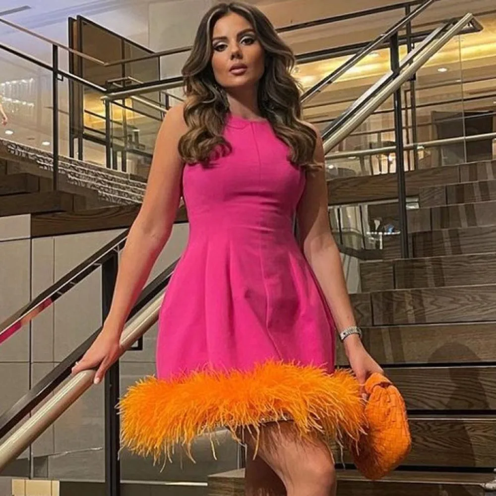 

O-neck Satin Mini Dress Sleeveless Woman Clothing Pink Taffeta Gown With Feathers A-line Party Dress For Women Custom Made