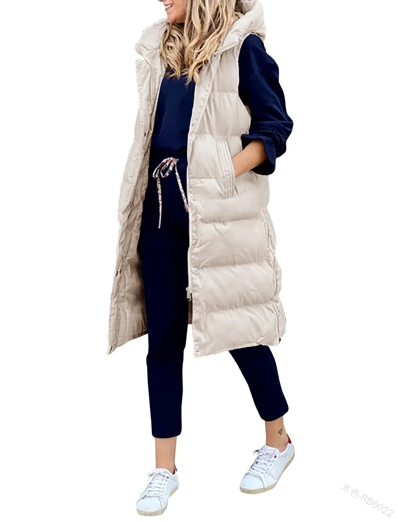 Winter Coats Women Loose Casual Fashion Single-breasted Warm Vest Long Hooded Sleeveless Jackets Solid Cotton Padded Waistcoat
