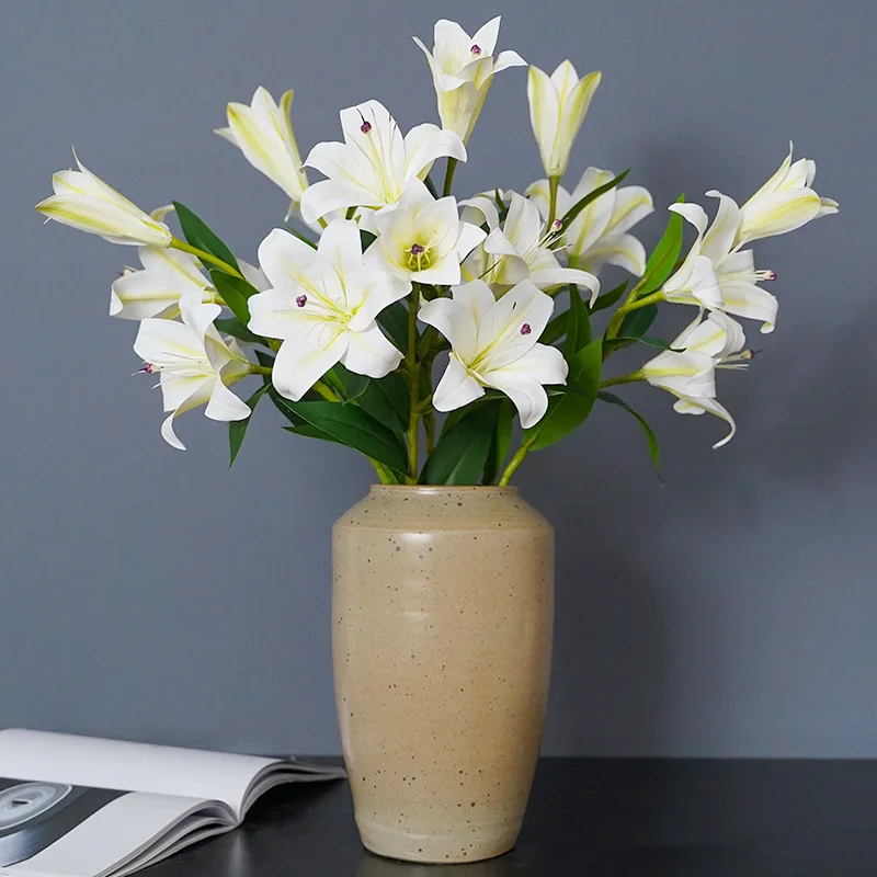 

New 3D Simulation Lily Bulb 3-Head Fabric Home Living Room Decoration Flowers Creative Fake Flower Wedding Lobby Decoration