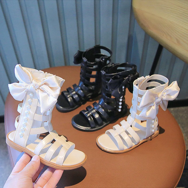 

Young Girls High-top Hollow Out Sandals 2023 Summer Fashion Shoes Toddler Bowtie Gladiator Shoes Children Roman Pearls Sandals