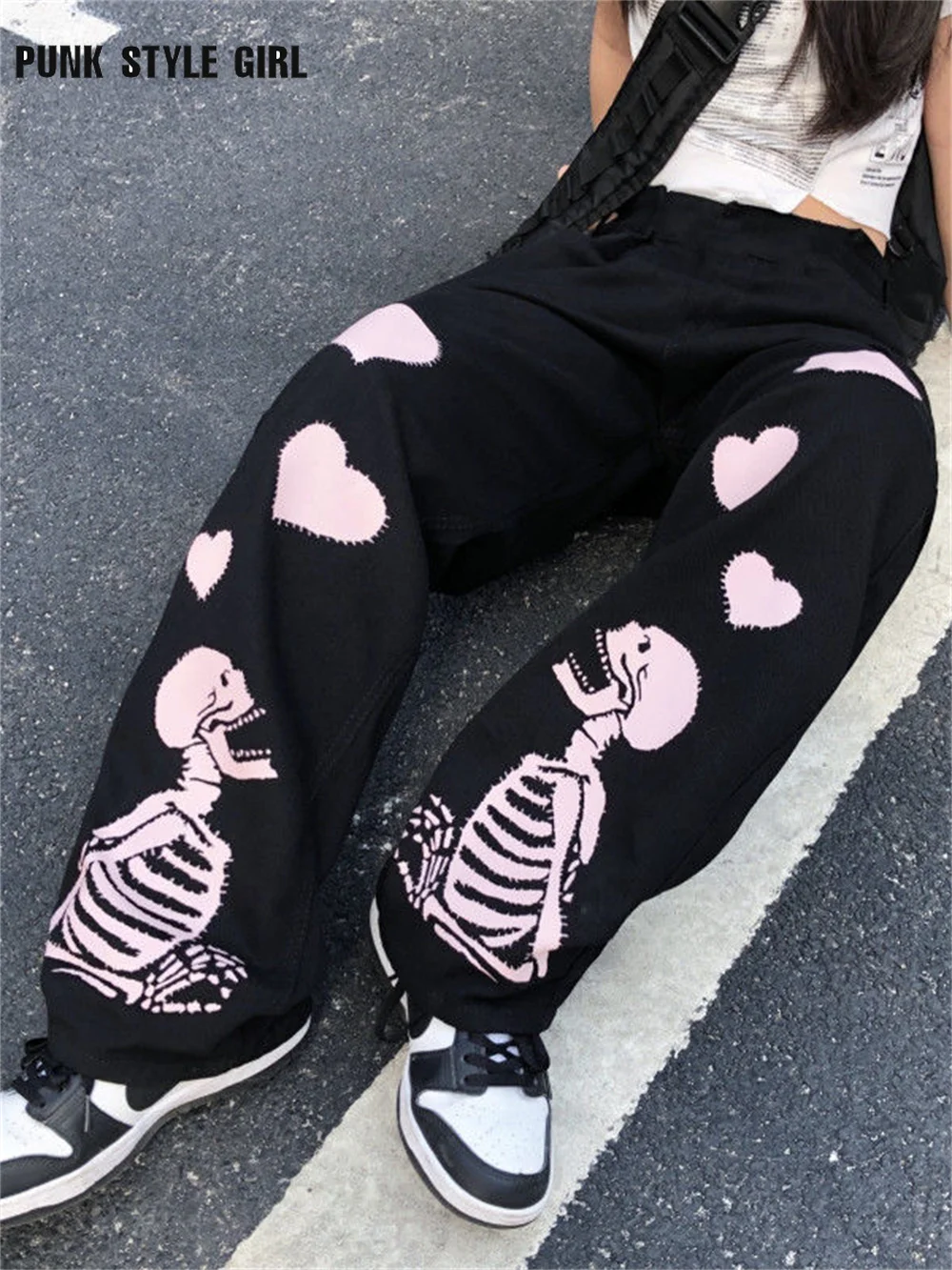 

Cyber Kpop Pink Skull Baggy Pants Women Heart Print Wide Leg Sweatpants Korean Hippie Casual Egirl High Waist Black Cargo Pants
