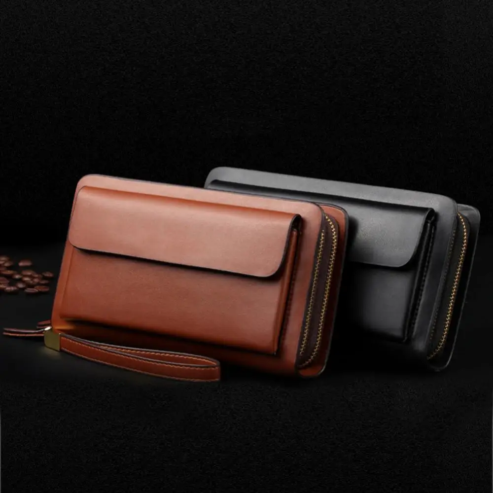 

Leather Wallet Purse Men Faux Double Zipper Money Holder Clip Clutch Handbag