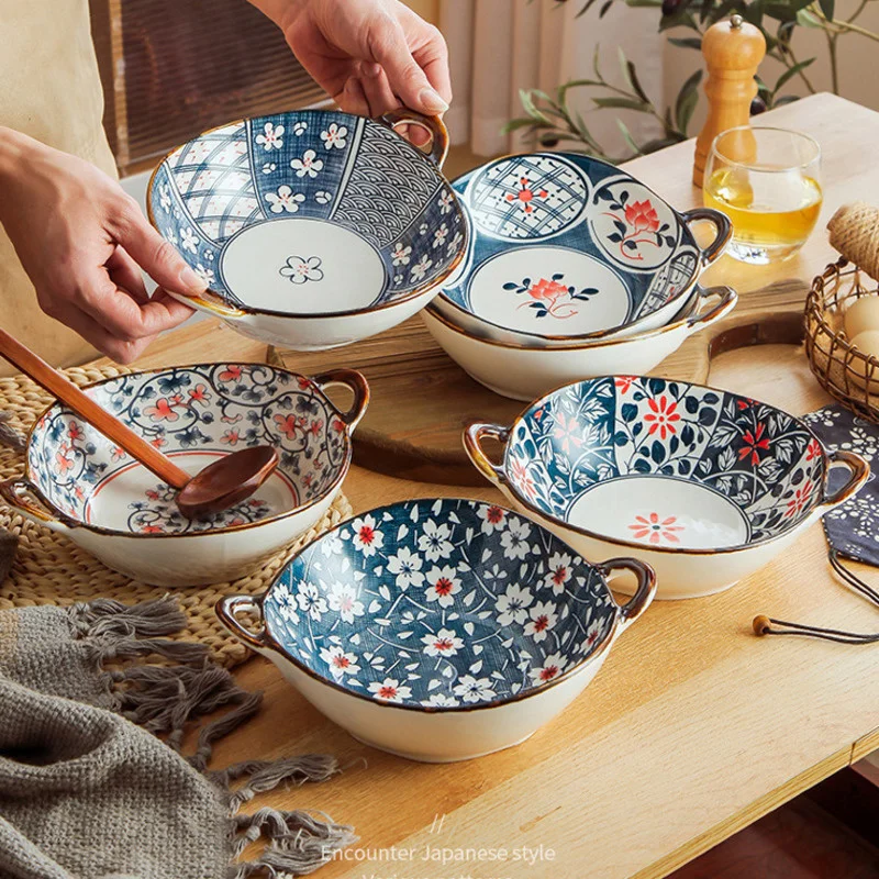 

Салатница керамическая в японском ретро-стиле, креативная бинауральная миска неправильной формы для лапши, домашняя духовка, для завтрака, ...