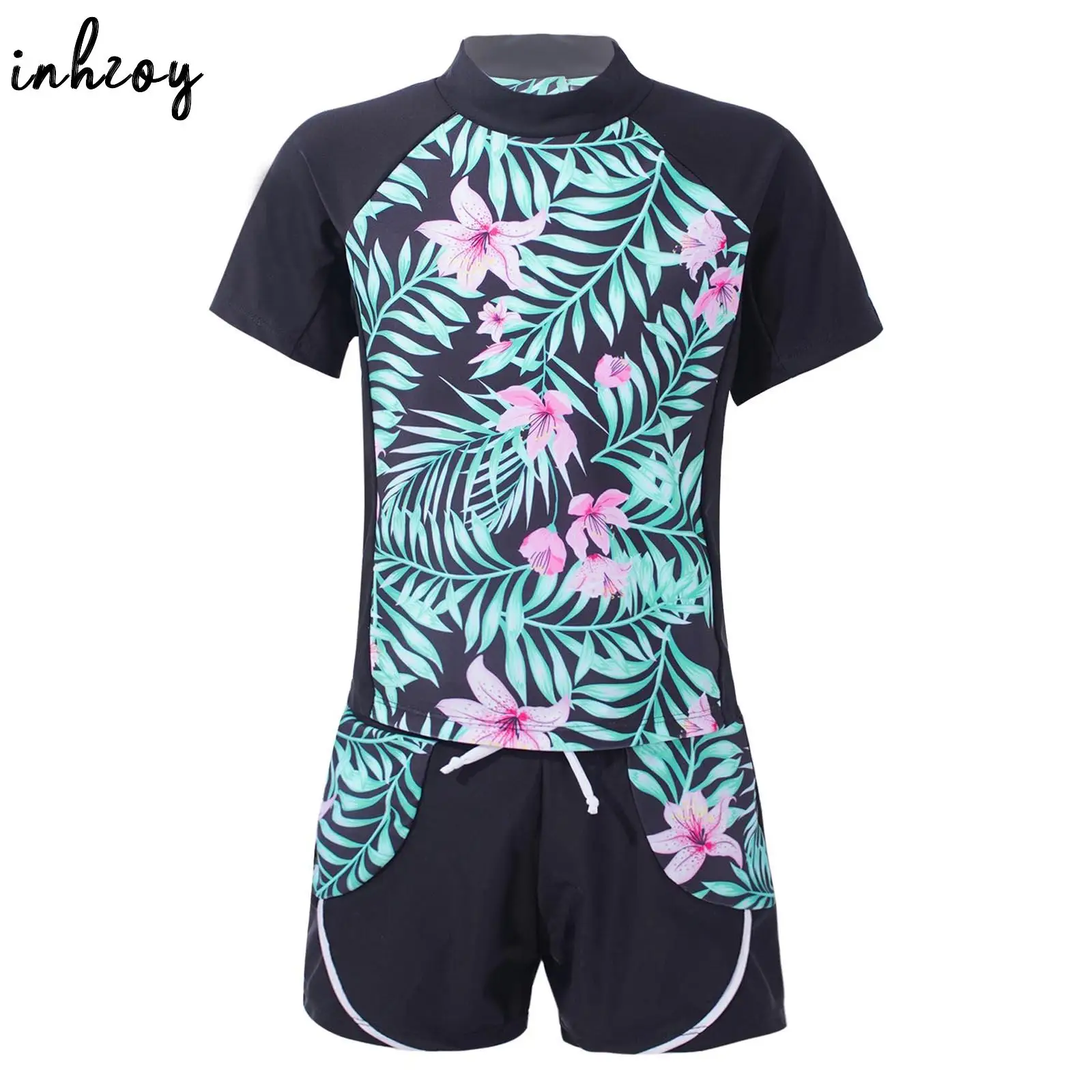 Kids Girls 2 Pieces Swimming Sets Short Sleeves Floral Print Swim Top with Drawstring Shorts Beach Swimwear Surfing Bathing Suit