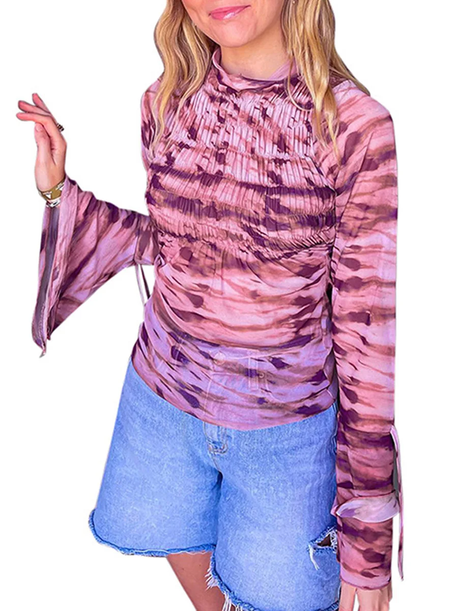 

Женские топы с принтом тай-дай Y2K, облегающие футболки с длинным Расклешенным рукавом и круглым вырезом, Осенние блузки, уличная одежда