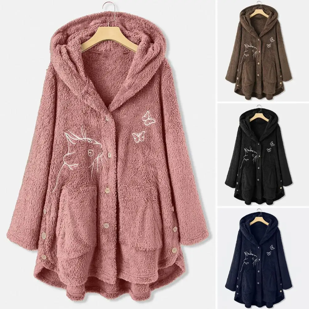 

Women Winter Coat Thick Warm Thermal Long Sleeves Buttons Plush Butterflies Cozy Cat Pattern Winter Hoodie Coat for Female Coats