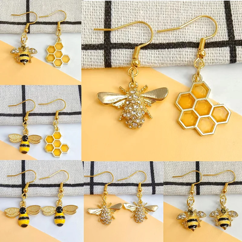 

Cool Quirky Bee Earrings with Yellow Honey Comb / Mismatch Earrings on 14k Gold Plated Hooks Handmade Drop Dangle Earrings