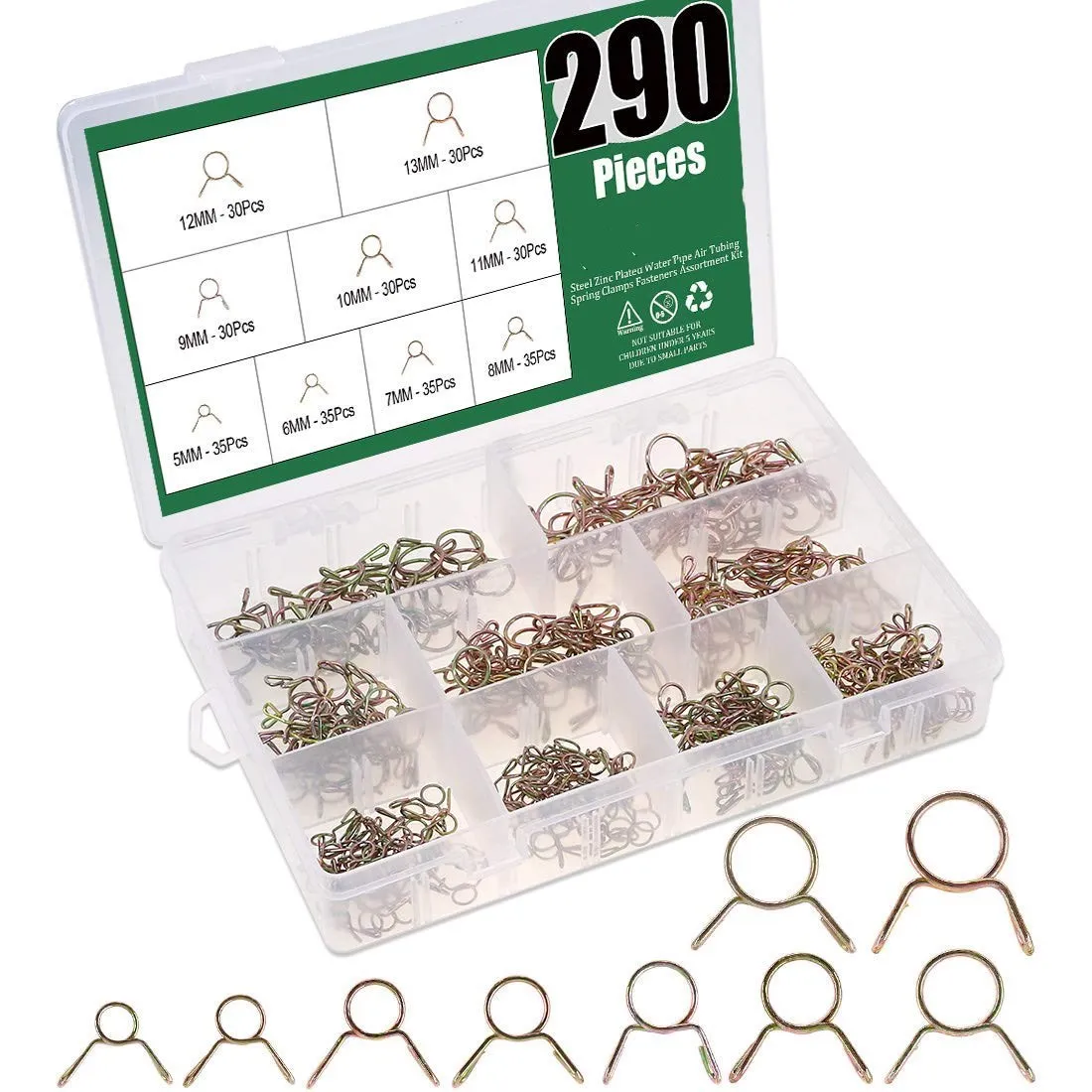 

5/6/7/8/9/10/11/12/13mm 290Pcs Steel Zinc Plated Fuel Hose Clamps Fasteners Assortment Kit for Motorcycle Scooter ATV