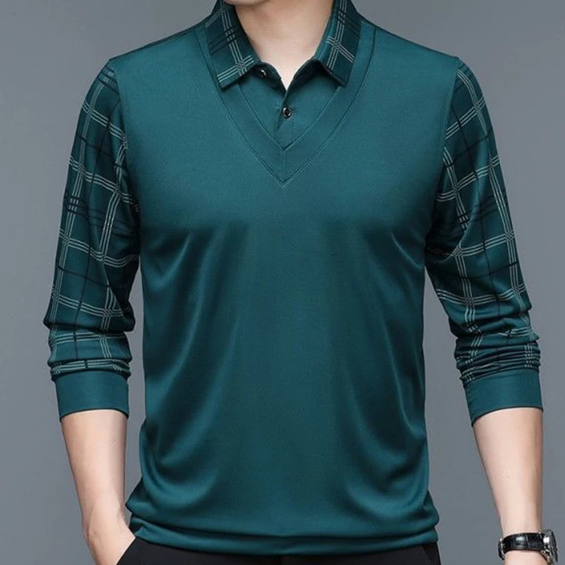 

Spring New Long Sleeve POLO Men's T-shirt Turn-down Collar Loose Solid Plaid Fashion Casual Business Button Tops
