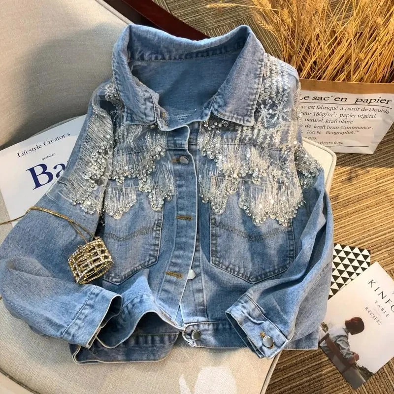 

Denim Jacket Womens Fried Street Design Mesh Sequin Loose Jeans Jackets Women 2022 Spring Autumn New Fashion Outerwear Trend