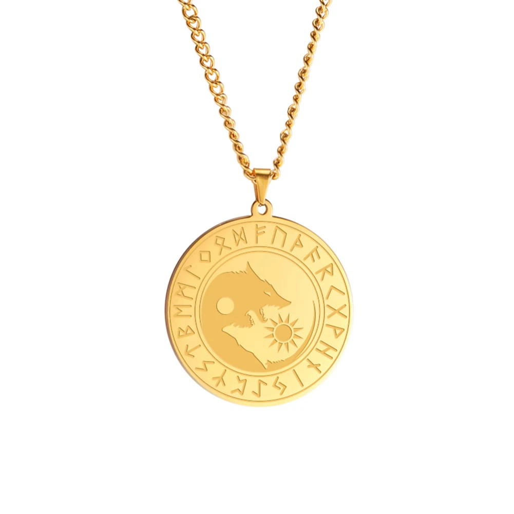 

2 Colors Gold Color Steel Color 32.8x30mm Viking Rune Wolf & Sun Pattern Disc Pendant Necklace With 60cm Link Chain