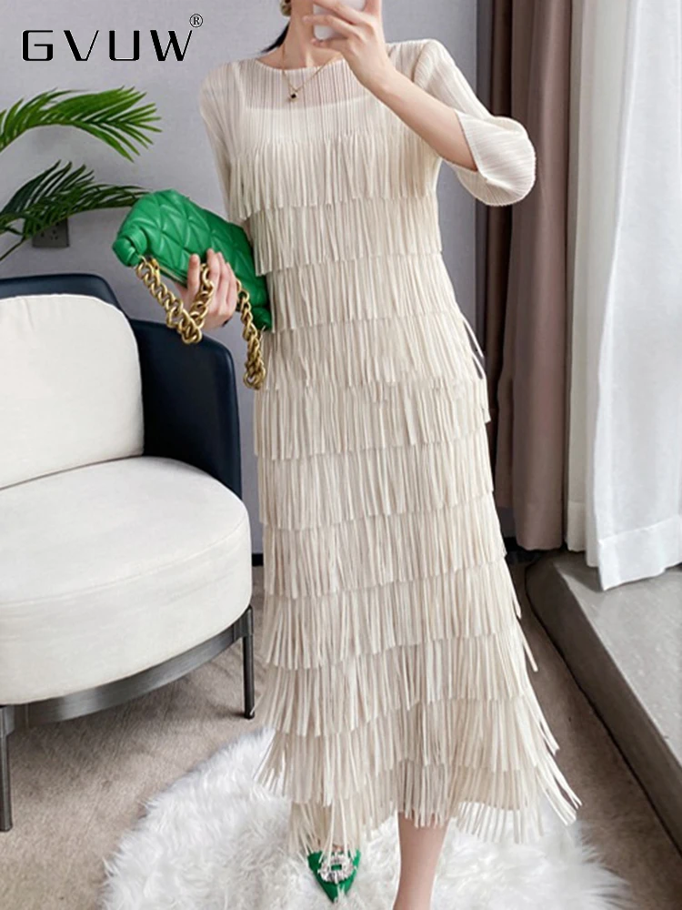 

GVUW Pleated Tassel Dress 2023 Autumn New Solid Color Luxury Women Three Quarter Sleeve Slim Fit Wedding Party Clothes 17D6932