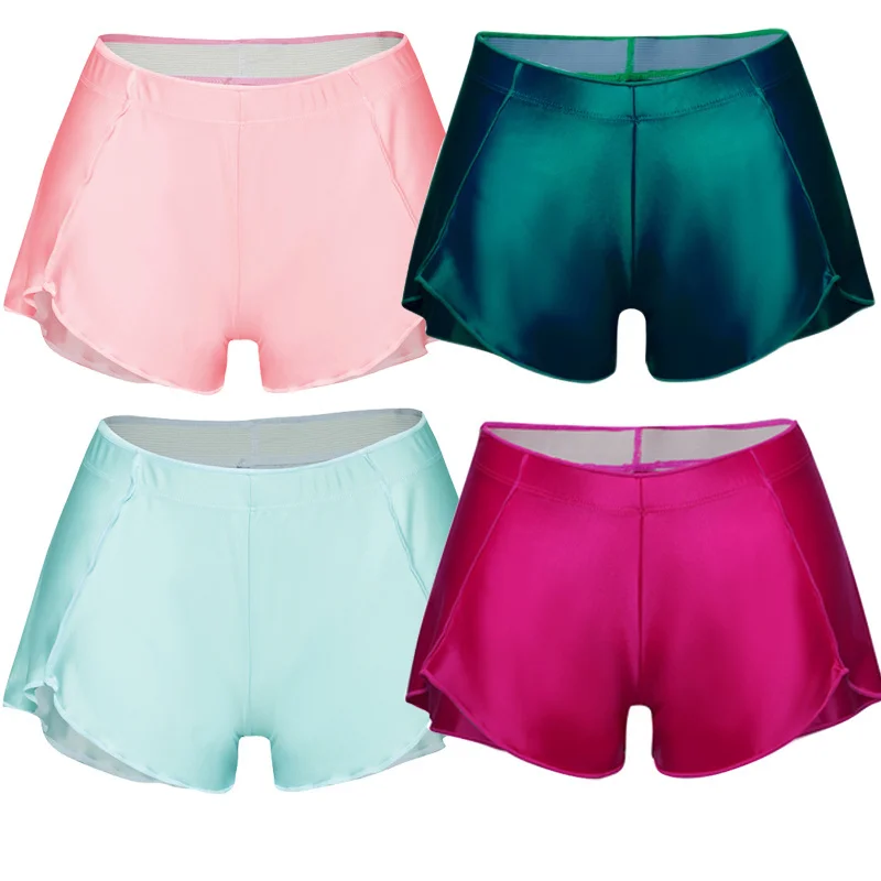Summer Glossy Sexy Women Shiny Ruffles High Waist Yoga Workout Shorts Sports Satin Running Gym Basketball Shorts