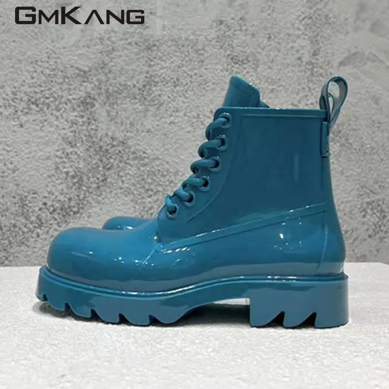 Runway Jelly Shoes Women Rubber Waterproof Rain Shoes Woman Round Toe Lace Up Flat Short Boots Lady Candy Color Rain Boots Women