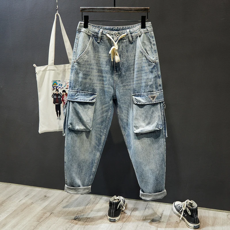Fashion Designer Men Jeans Loose Fit Retro Blue Multi Pockets Casual Wear Denim Harem Pants Hombre Street Hip Hop Wide Leg Jeans