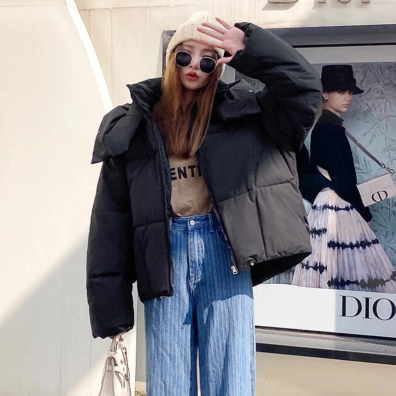 2023 Winter Korean Parkas Fluffy Hooded Bread Down Jacket Women Thick Loose Short Puffer Coat Jacket Casual Chic Outwear Female