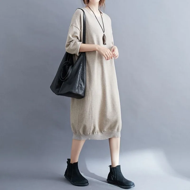 

Autumn Large Women Clothing Long Sleeve Loose Midi Robe Dress Female Cardigan Casual Pullover Knitted Outerwear Clothes Elegant