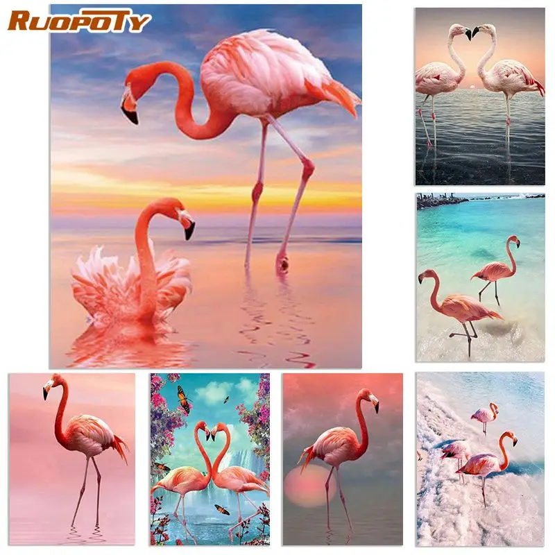 

RUOPOTY 5D DIY Diamond Painting Flamingos Full Square Round Drill Embroidery Animal Mosaic Kit Handicraft For Home Decorative