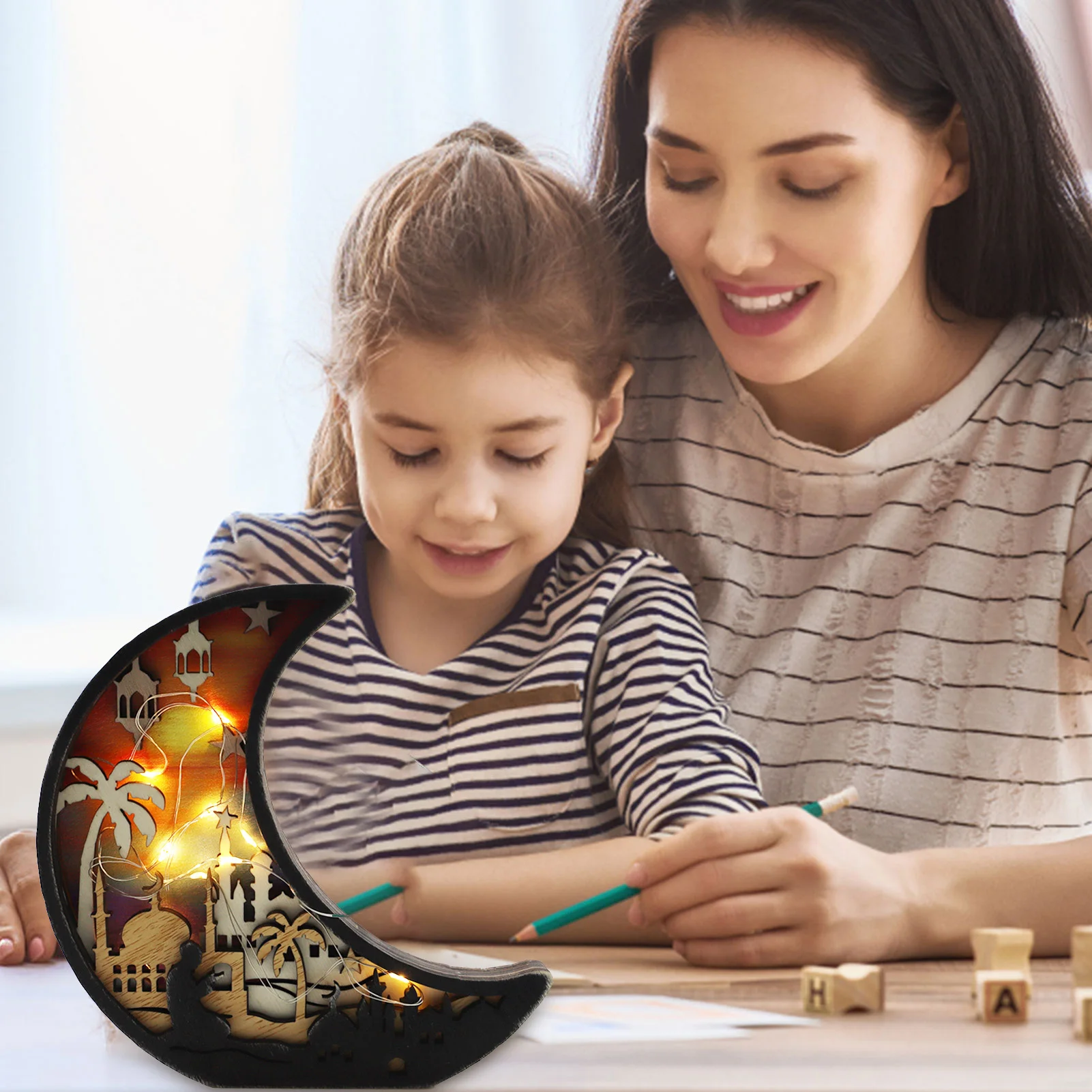 

Eid Night Light Wooden Eid Mubarak DIY Ornament Ramadan Decorations For Home Wooden Moon Star Castle Tabletop Ornament For Home