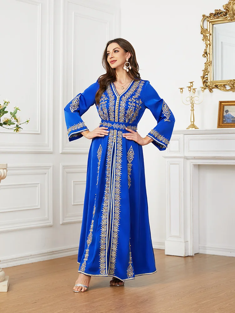 Blue Morocco Kaftan Dubai Turkey Evening Long Dress for Wedding Party Ramadan Muslin 2 Pieces Set with Belt Sunday Pentecost