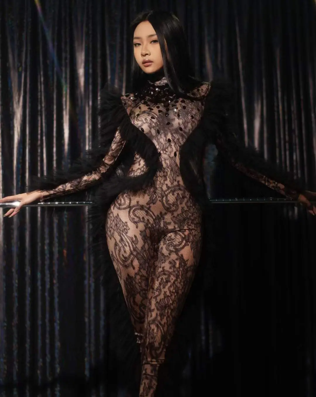 

2023 New Designed Bodysuit Black Jumpsuits Sexy Fashion Women Stretch Drag Queen Outfit Stage Wear