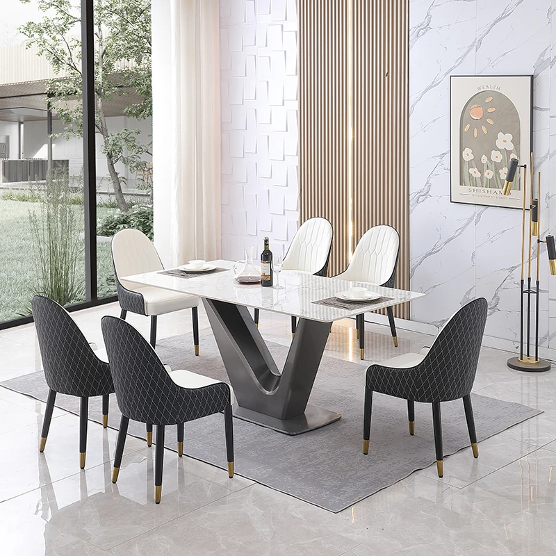 

Contemporary Dining Restaurant Table Sintered Stone V shape Pedestal Base Gold finish 6 pcs Chairs coffee table living room