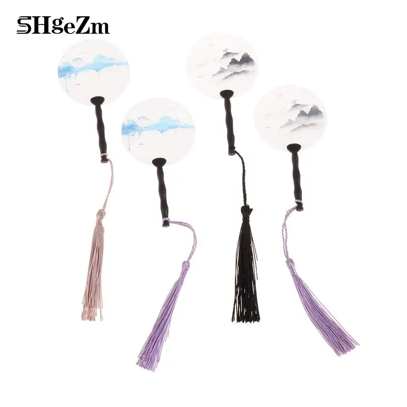 

2Pcs 1:12 Dollhouse Miniture Simulation Vintage Tassel Double-sided Round Fan Model Toys Home Decoration Accessories