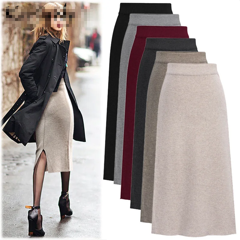 

Dinboa Women's Knitted Pencil Skirt, High Waist, Split, Medium Length, 6xl, Autumn and Winter
