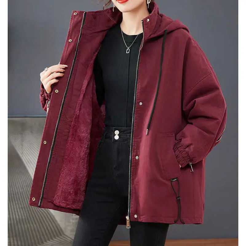 New Winter Women's Jacket Fur Lined Coat Loose Hooded Parkas Warm High End Luxury Designer Clothing Long Sleeve Tops
