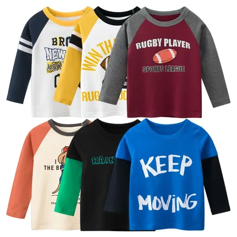Фото 2024 Children's Clothing Autumn New Boys Bottoming Shirt Letters Rugby Print Cotton Kids T-shirt Baby Long Sleeve Tops Tees №1