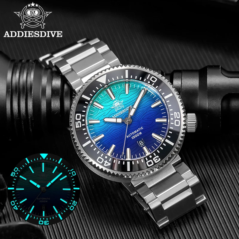 Фото Новые автоматические часы ADDIESDIVE для мужчин, с сапфировым стеклом, градиентным циферблатом, водонепроницаемостью до 1000 м, механические, 46 мм, светящиеся, из нержавеющей стали №5