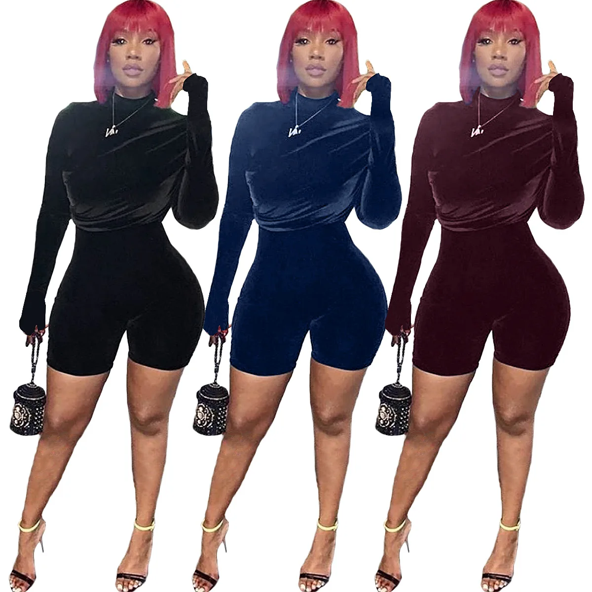 GL6306 Women's Jumpsuit Spring and Autumn Fashion Sexy High Elastic Flannel Cover Finger Multi-wear Zipper Jumpsuit Women