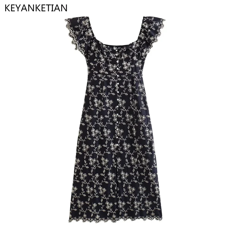 

KEYANKETIAN Summer New Whole Body Floral Embroidery Flying Sleeve Dress French Holiday Heart Collar Short Sleeve MIDI Skirt