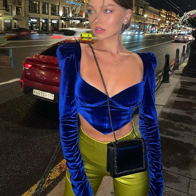 

Autumn Velvet Square Collar Womens Tops and Blouses Fashion Blue Shirts Blouse Cropped Top Elegant Club Party