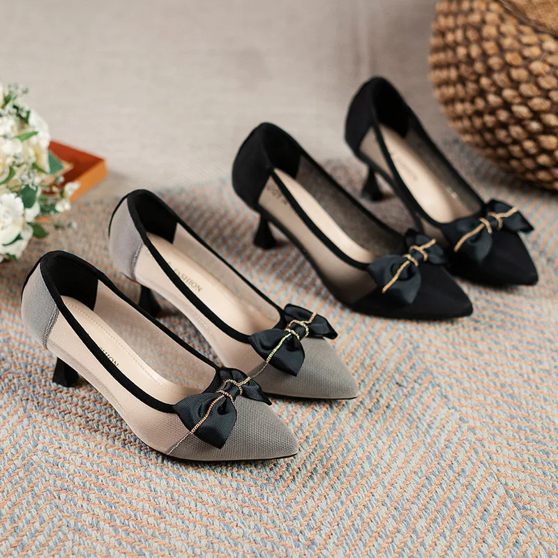 

Summer Women's High Heels Zapato Tacon Bajo Mujer 2023 Openwork Breathable Mesh Upper Stiletto Heels Pointed Shallow Bow Pumps
