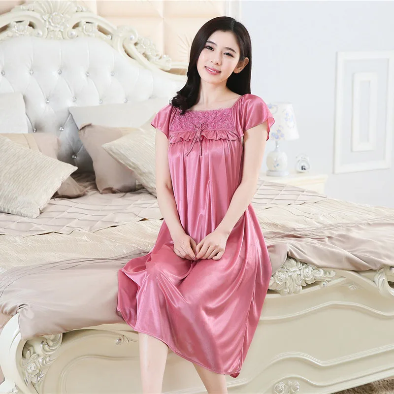 

Plus Size Ice Silk Satin Rose Women's Sexy Sleepwear Night Dress Female Lingerie Dress Nightgown Sexy Nightwear #30