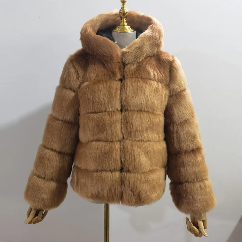 High Quality Furry Silver Fox Faux Fur Coats and Jackets Women Fluffy Coat Hooded Thick Warm Winter Fur Jacket Manteau Femme