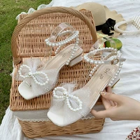 woman wedding sandals white lace bow pearl high heel casual skirt shoes summer travel slides romantic couple dating party pumps
