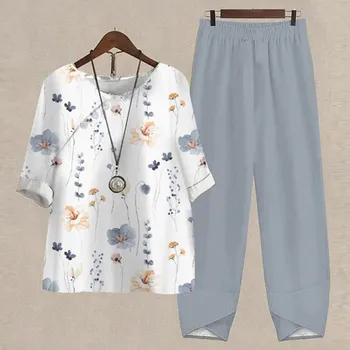 Women Two Piece Suit Ethnic Floral Print Boho Shirt Pants Suit Imitation Cotton Linen Set Spring Beachwear Short Sleeve Tunic 1