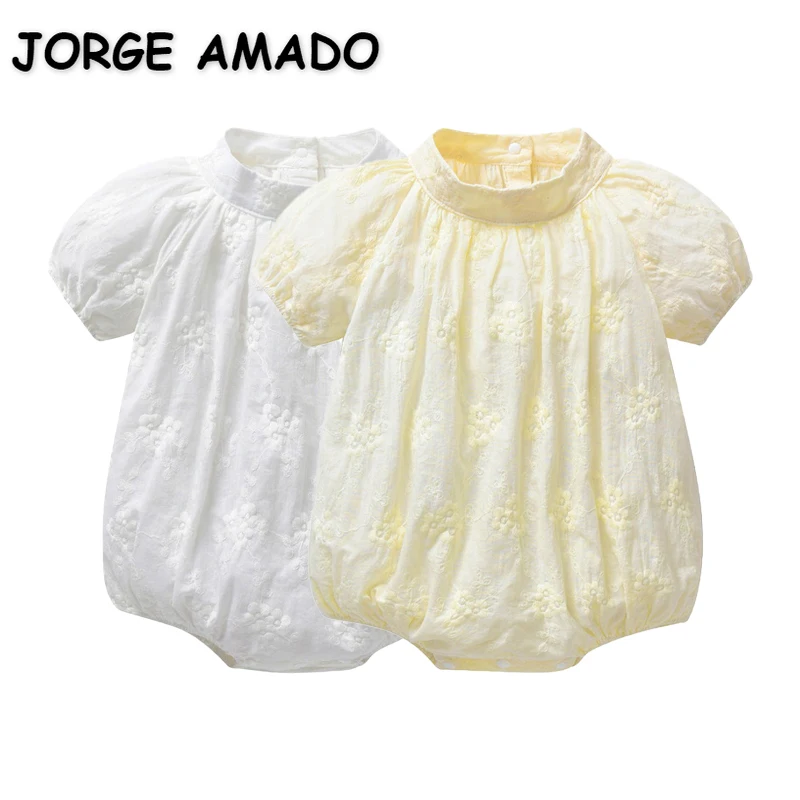 

Korean Style New Summer Clothes Baby Girl Bodysuit Stand Collar White Apricot Short Sleeves Jumpsuit Infant Casual Clothing E922
