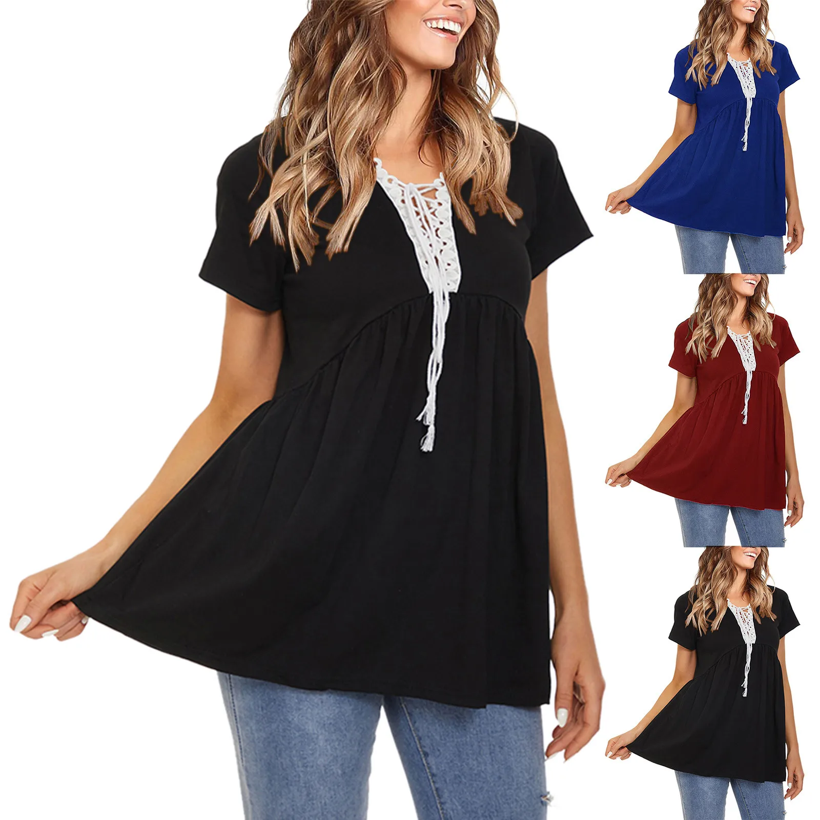 

Women Casual Black Blouse Top Summer Short Sleeve V-neck Sexy Plus Size Shirt Tops Female Clothes