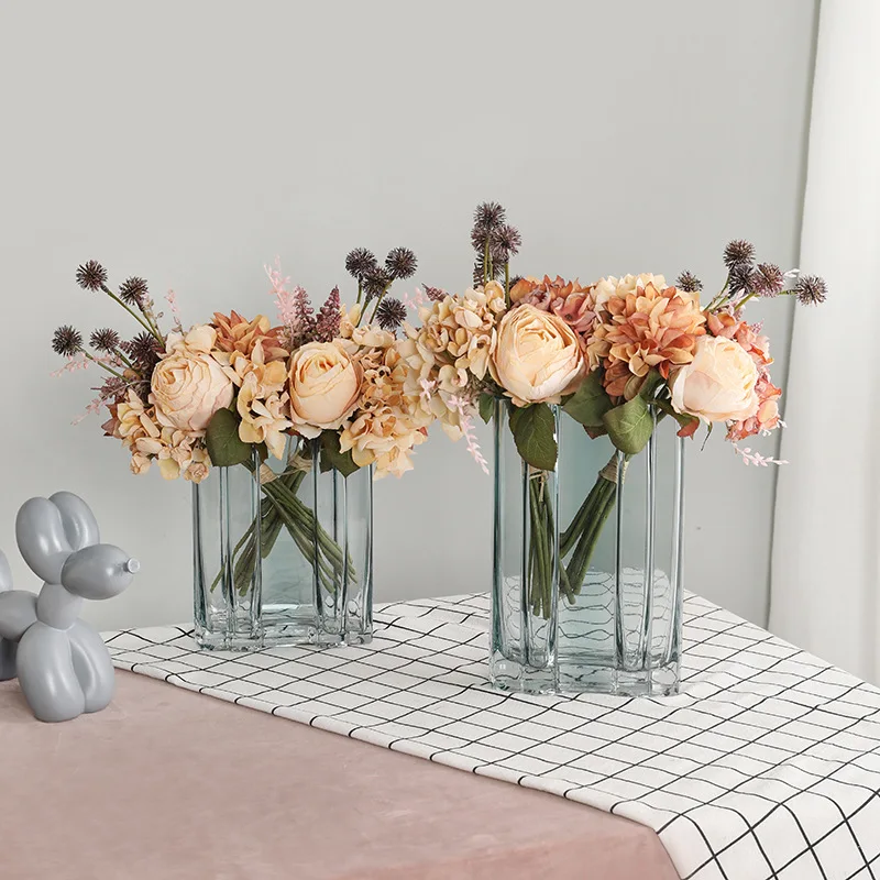 

Hand Tied English Rose Dahlia Bouquet Artificial Flowers Wedding Valentines Day Decoration Vases Modern Home Decor Party Gift