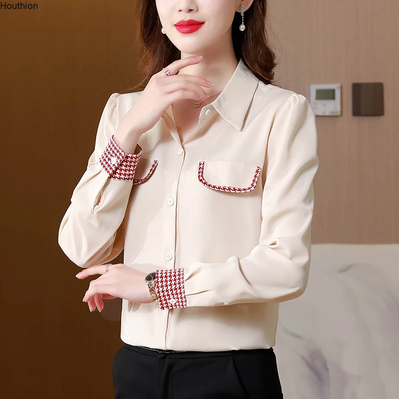 

Summer Autumn New Women's Blouse Long Sleeve Polo Shirt Splicing Lattice Satin Casual Fashion Loose Top Houthion