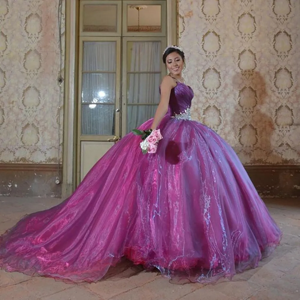 

2022 женские фиолетовые платья для Quinceanera с искусственными кристаллами, тюлевые Бальные платья для выпускного вечера и вечерние, милое платье...