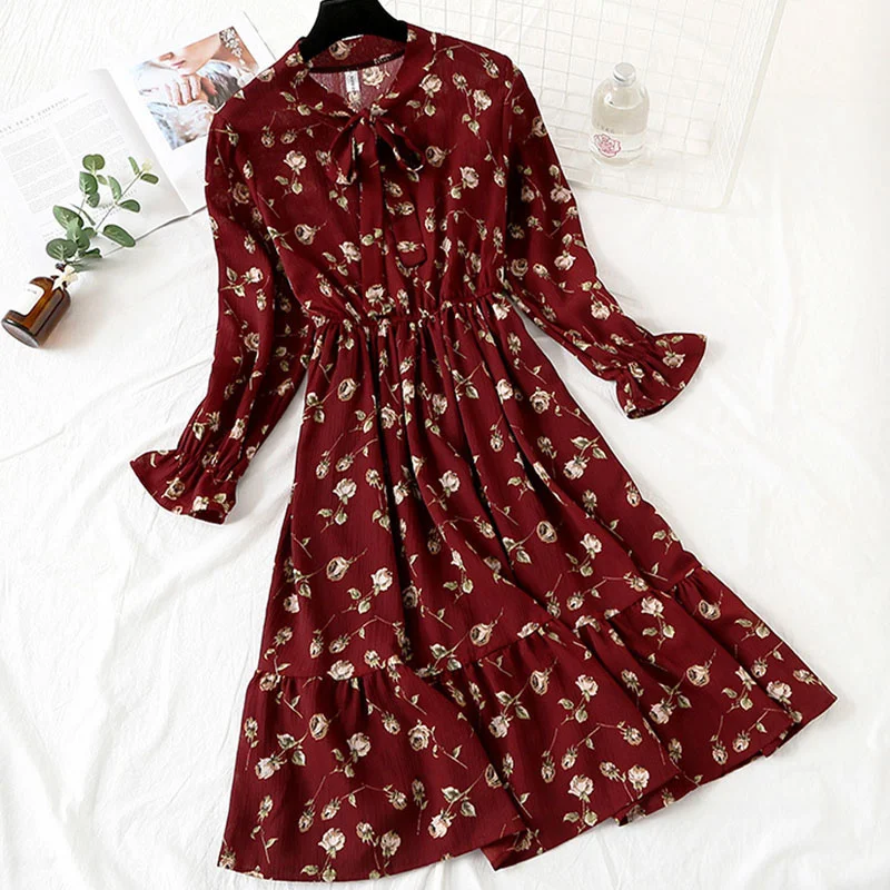

2023 Women Casual Long Sleeve Chiffon Dress Spring Autumn Elegant Vintage Floral Printed Shirt Dress Bow Midi Summer Dress Vesti