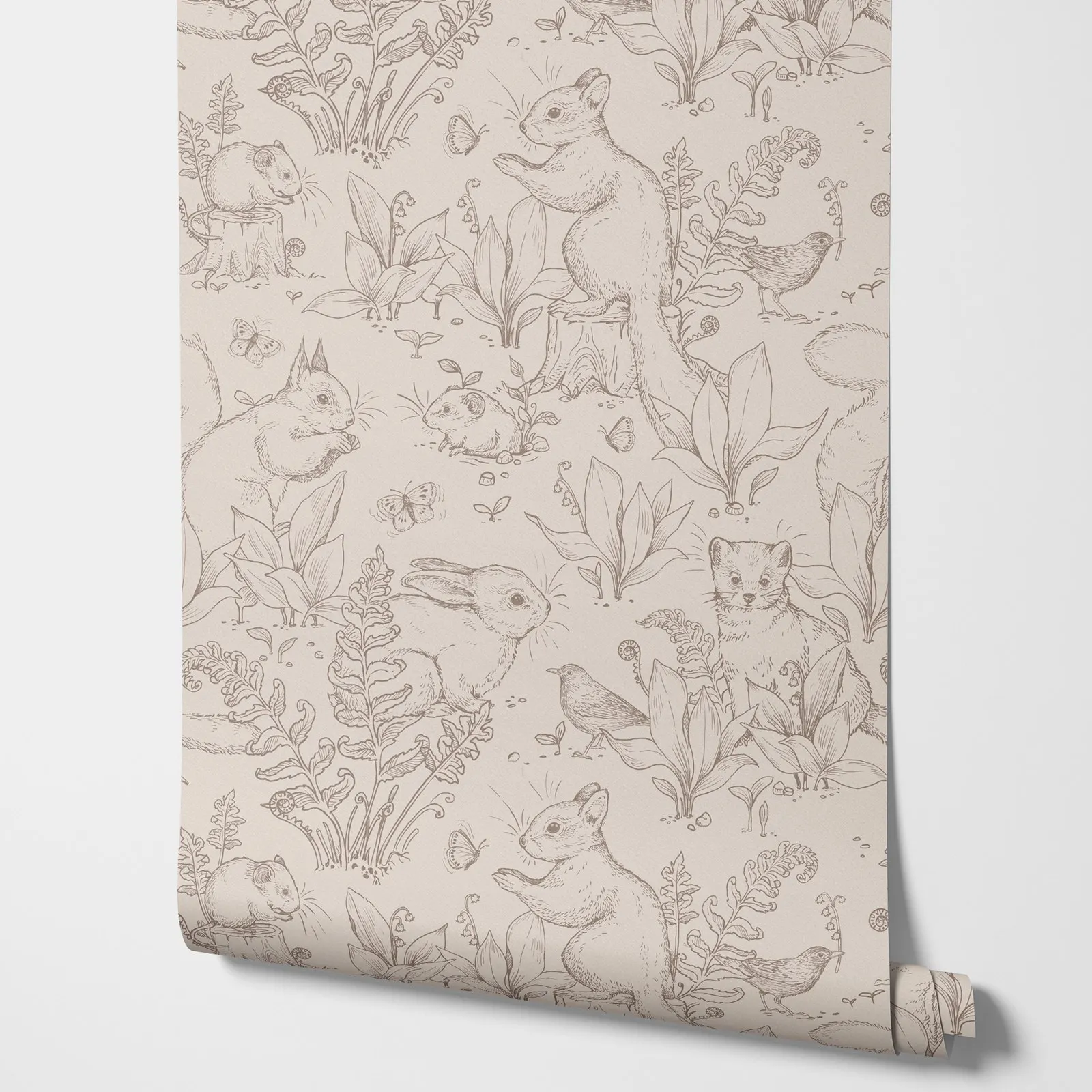 

Обои «Лесная жизнь». Бежевые обои с животными в лесном стиле с кроликом и маленькой прериями