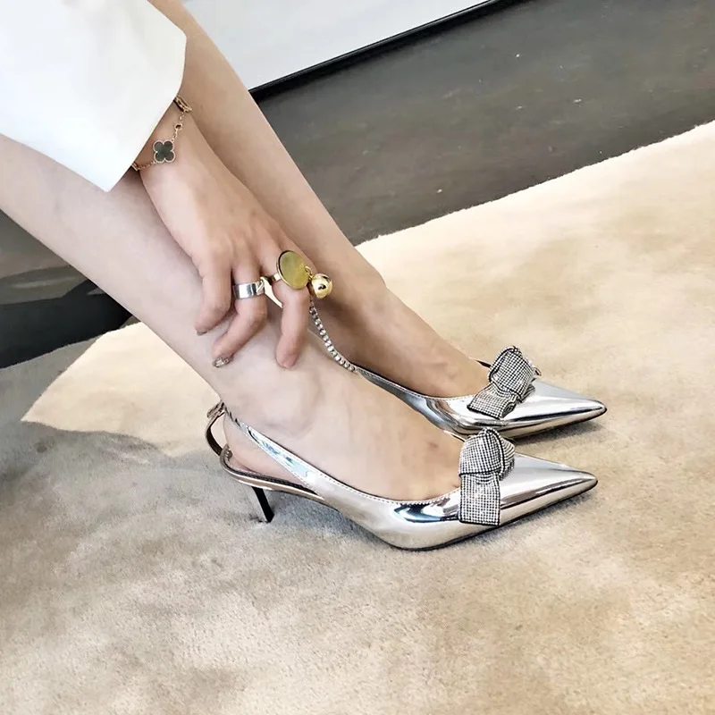 

Female High Heels Women Sandals Metallic Patent Leather Pointed Solid Color Non Slip Back Strap Stiletto Shoes