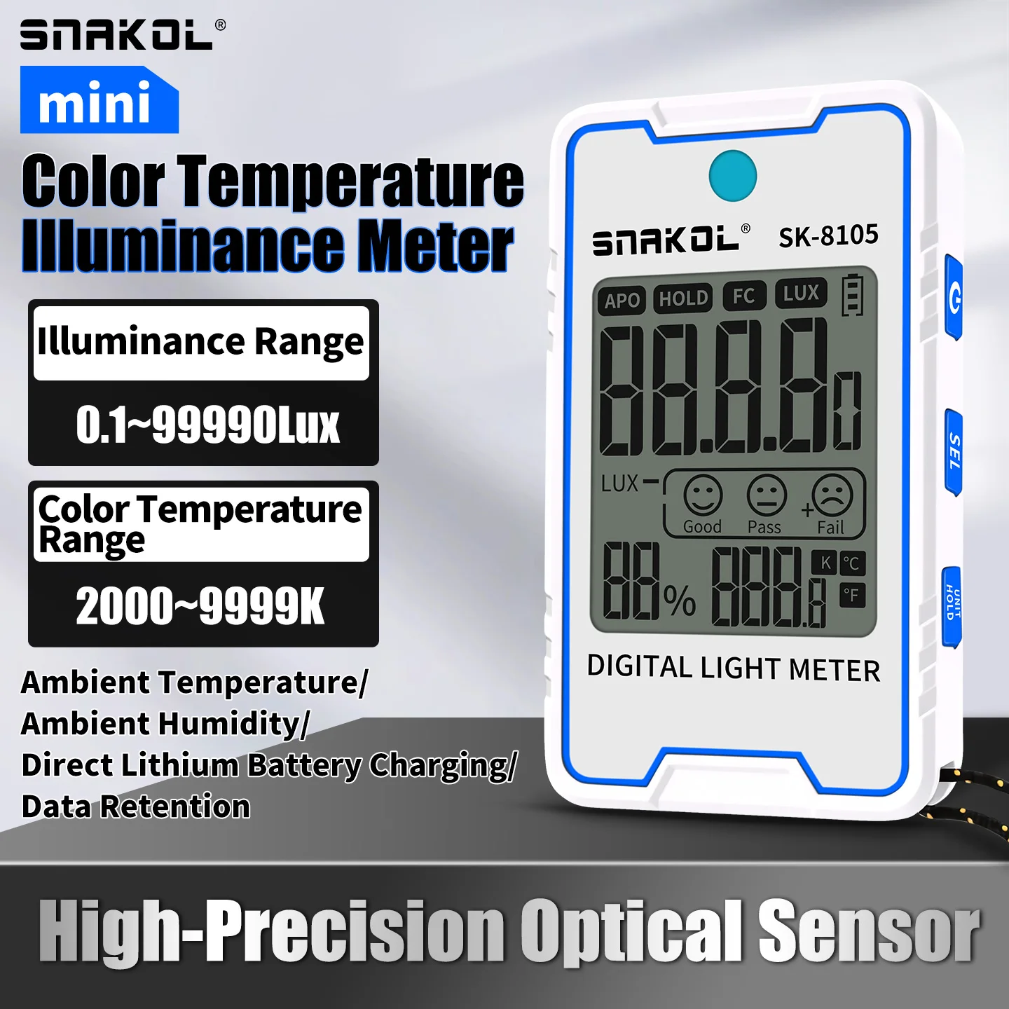 Фото SNAKOL SK-8105 Портативный мини-цифровой люксметр с измерителем влажности и температуры окружающей среды. №2